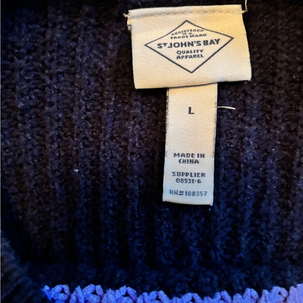St. John's Bay Black Crewneck Sweater with Purple, Teal & White Stripes - Picture 4 of 4